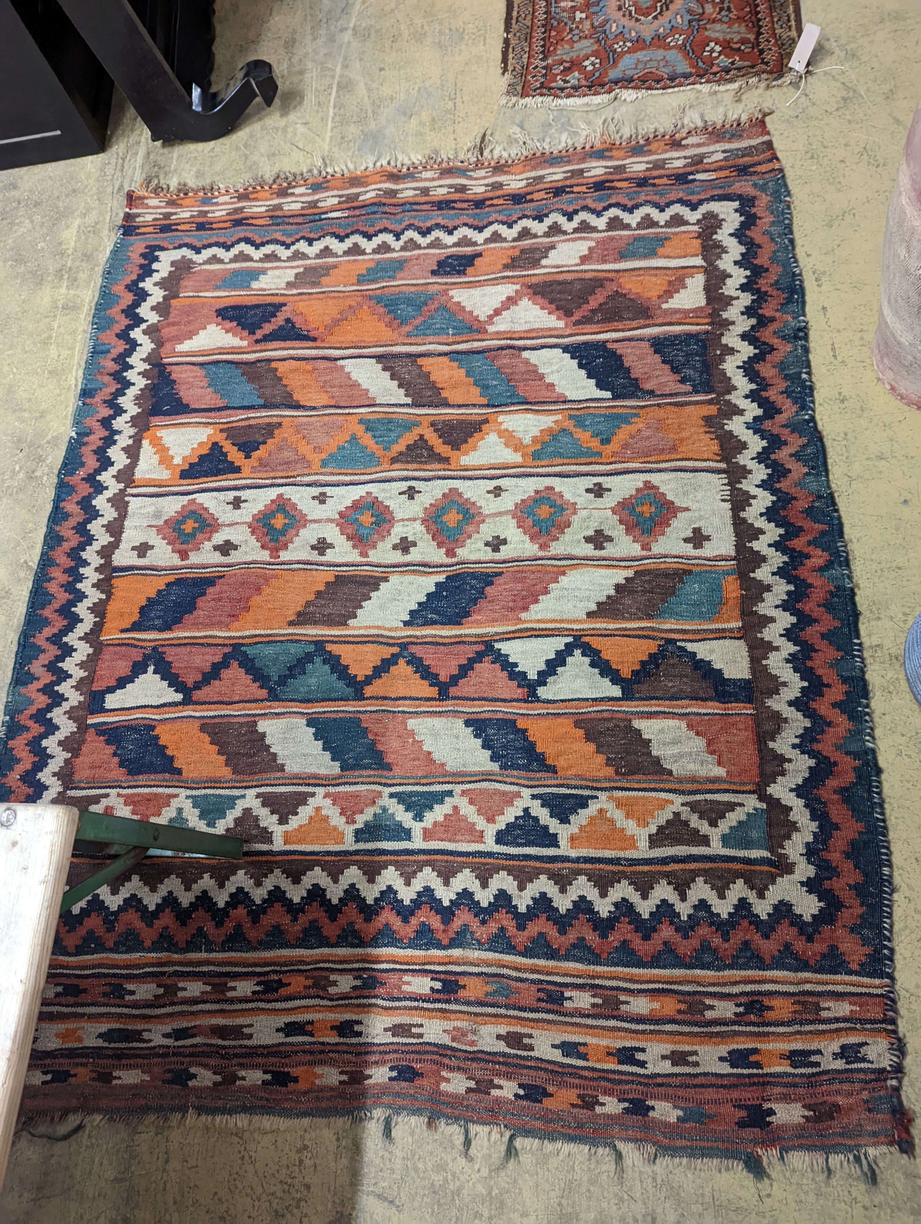 A Kilim polychrome flatweave rug, 168 x 132cm together with a Hamadan red ground runner